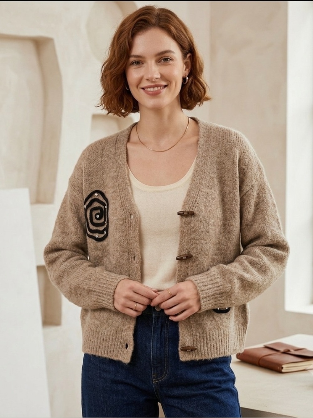 S. Christina 100% Cashmere Toggle Cardigan Sweater NWT Tan Brown S/M
